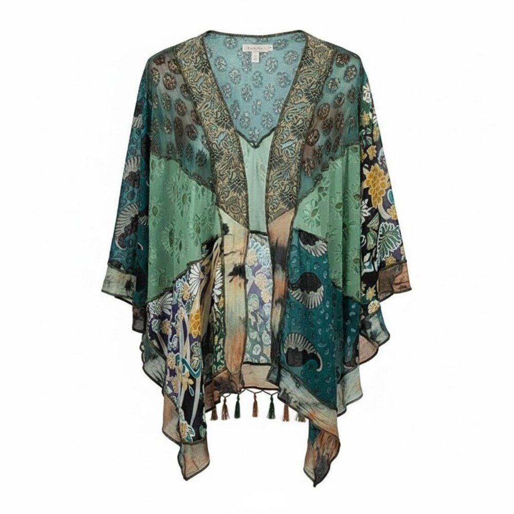 VTG Sterling Styles Patchwork Art Kimono Jacket Rayon Blue Green Boho India OS